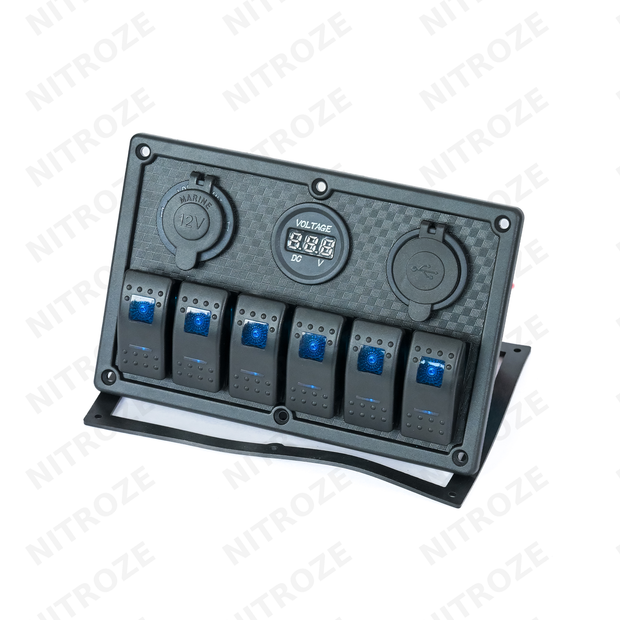 6-Gang Rocker Switch Panel with Voltmeter & USB | 12V
