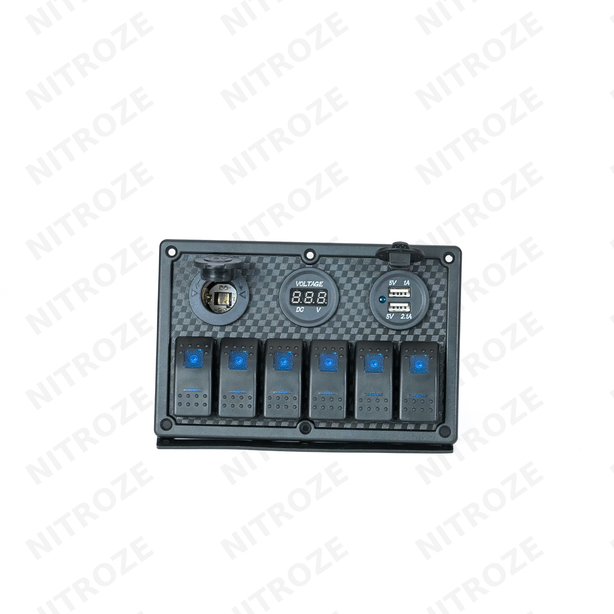 6-Gang Rocker Switch Panel with Voltmeter & USB | 12V